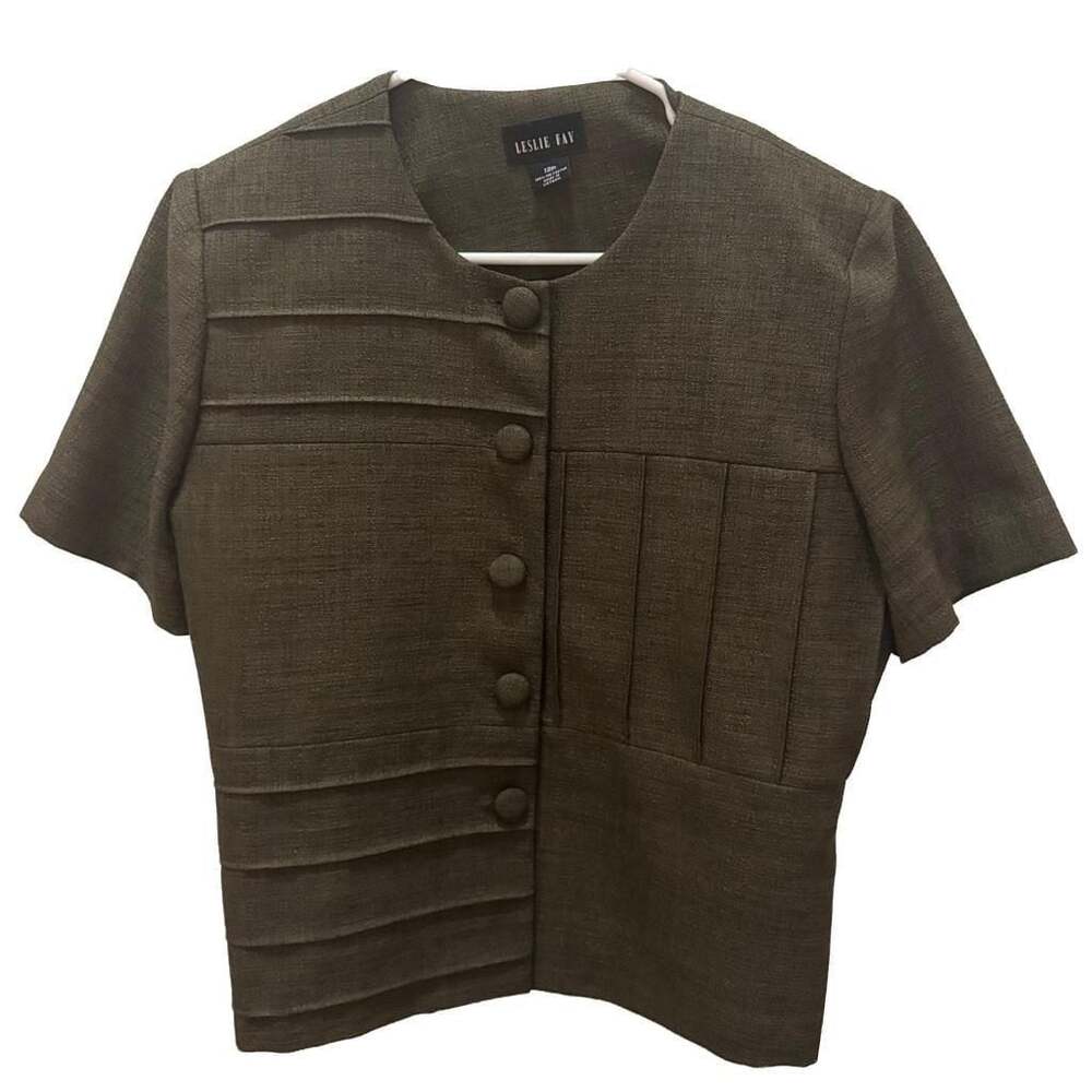 Vintage Leslie Fay Short Sleeve Textured Linen Blend Crop Jacket 12P in‎ Green
